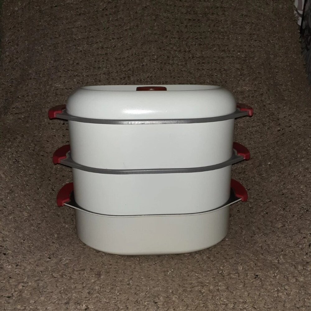 Vintage TOURNUS France-3 Level Steamer-Stove Top-White/Red-Excellent-Rare